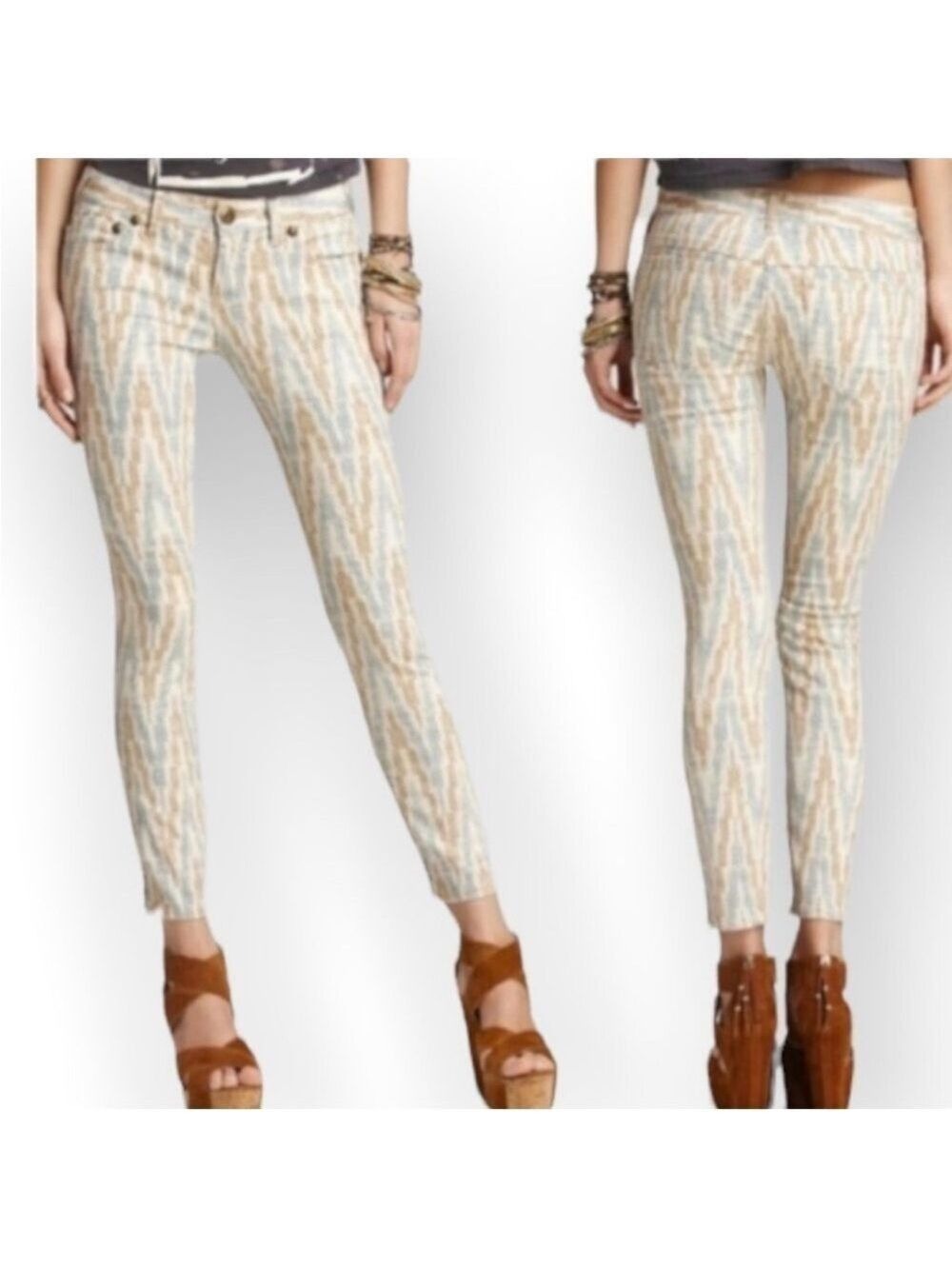 FREE PEOPLE Ikat Ankle Zip Skinny Jeans Low Rise Size 26